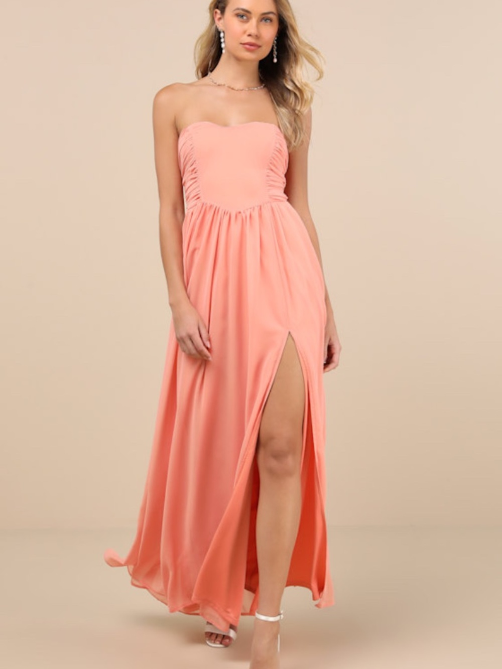 Lulus Luxe Favorite Peach Pink Strapless Ruched Maxi Dress - Size 1X